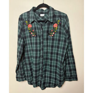 Abound Green Plaid Floral Embroidered Flannel Button Down Women's Large Fall
